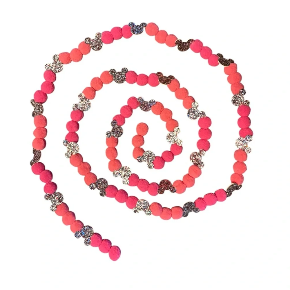 7 ft Valentine's Day Pinks Disney Glitter Mickey Pom Pom Garland Handmade thread